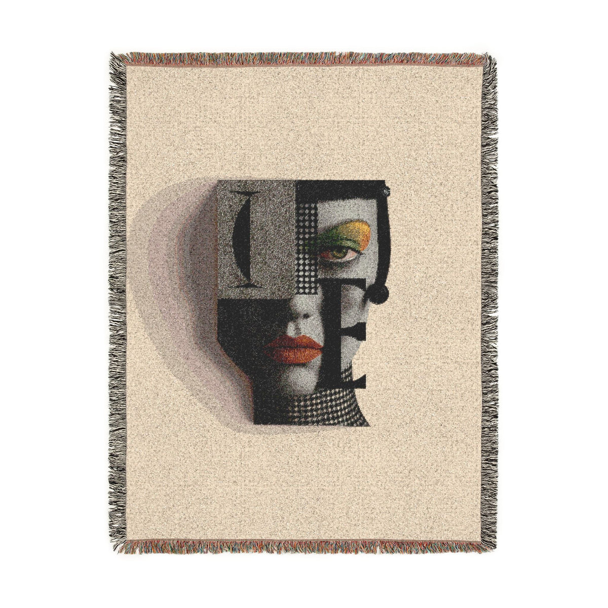 PURETE woven cotton throw blanket featuring a modern abstract portrait design with fringed edges on a cream background.