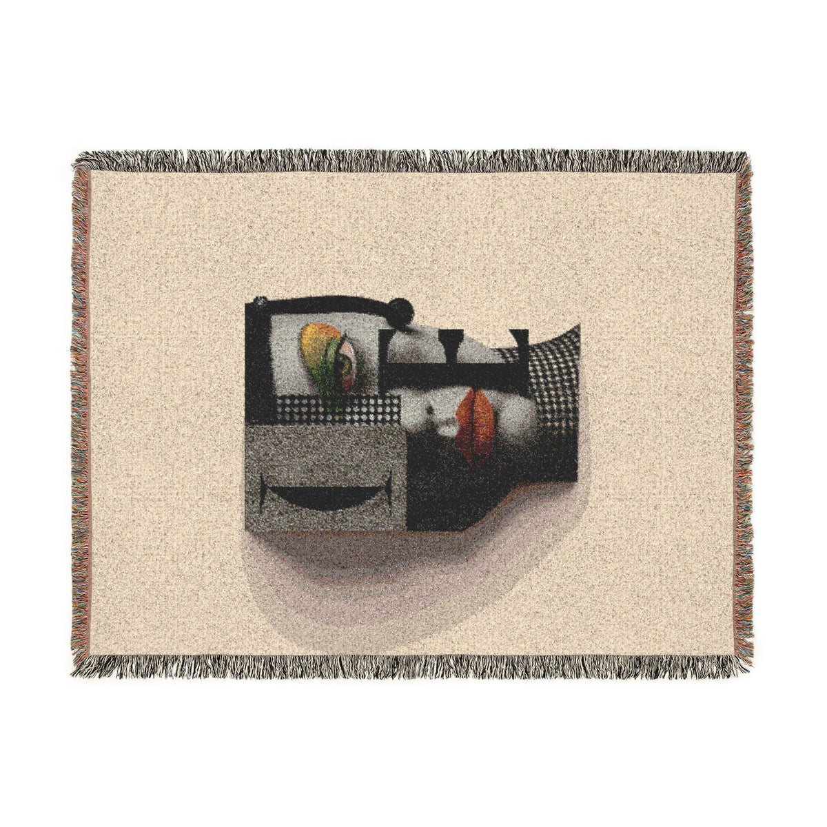 PURETE woven cotton throw blanket featuring a modern abstract portrait design with geometric shapes and fringed edges.