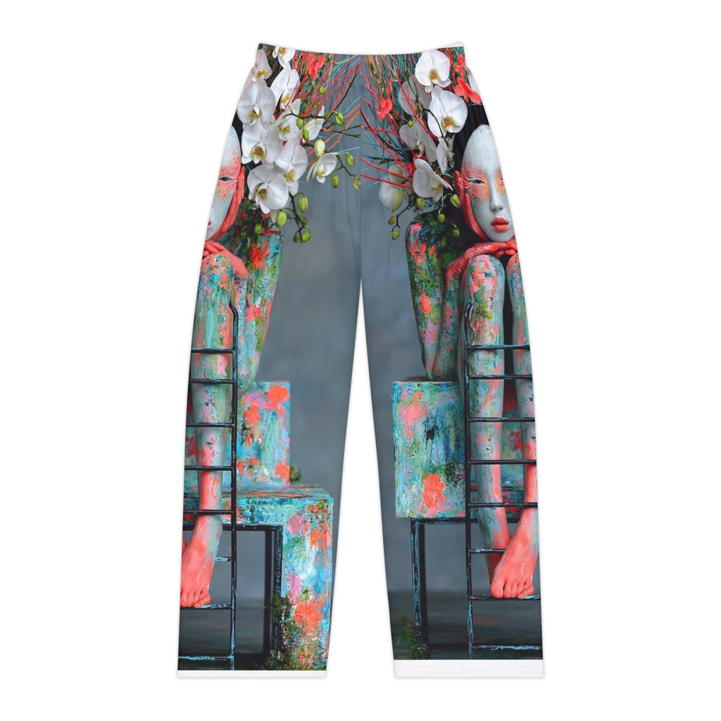 PURETE women's pajama pants featuring a vibrant artistic print of a figure with white flowers in brushed polyester.