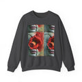 PURETE crewneck sweatshirt in charcoal grey featuring a surreal artistic rose and face grid print on the chest.