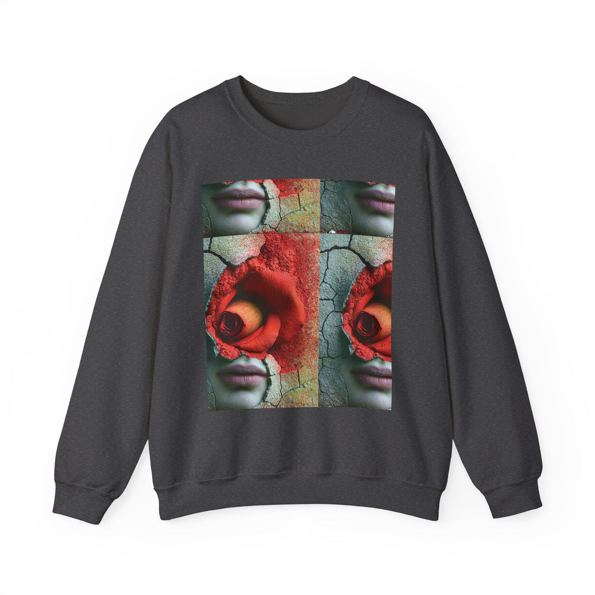 PURETE crewneck sweatshirt in charcoal grey featuring a surreal artistic rose and face grid print on the chest.