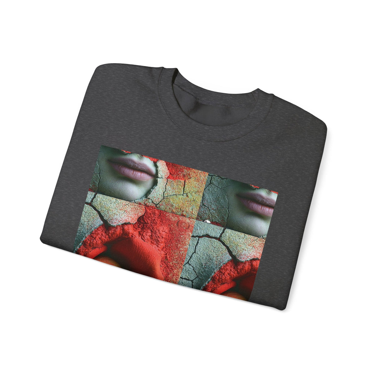PURETE Artistic Rose Face crewneck sweatshirt in dark grey with a surreal grid graphic print on the chest.