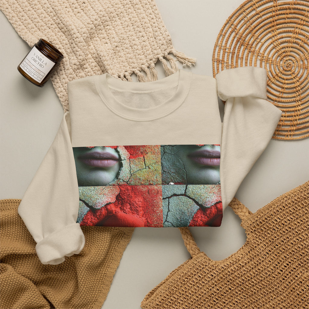 PURETE beige crewneck sweatshirt featuring a surreal grid print of a red rose, cracked earth, and a human face.