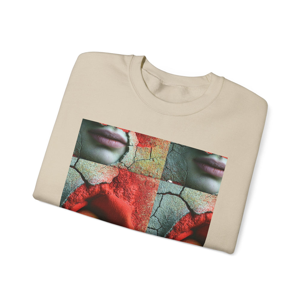 PURETE Artistic Rose Face crewneck sweatshirt in beige featuring a surreal grid print of cracked earth and red roses.