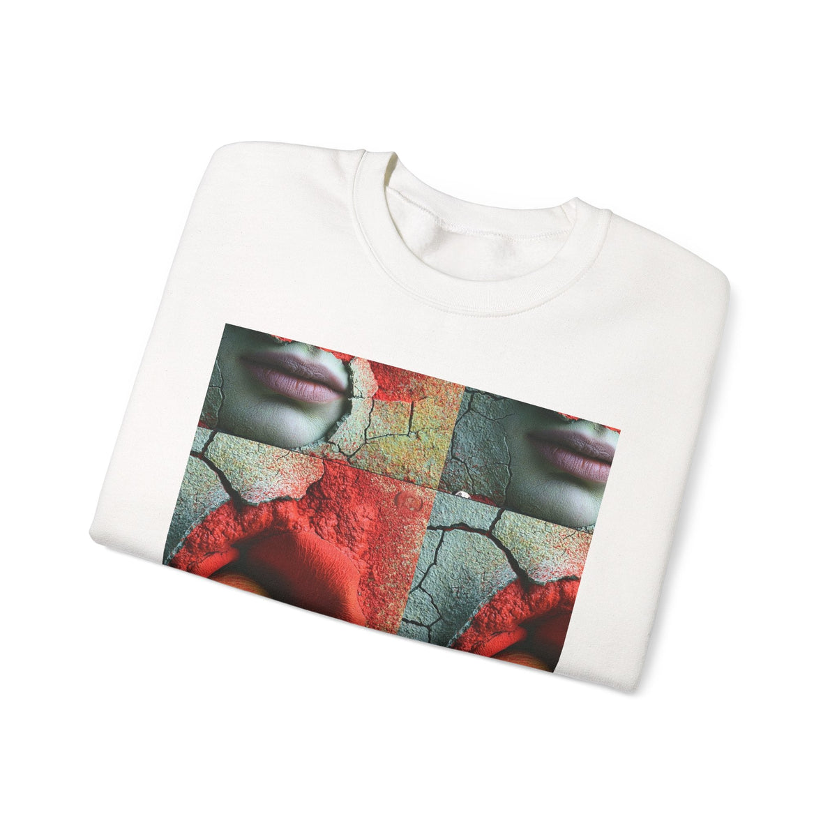 PURETE Artistic Rose Face crewneck sweatshirt in white cotton-poly blend with surreal graphic print on chest