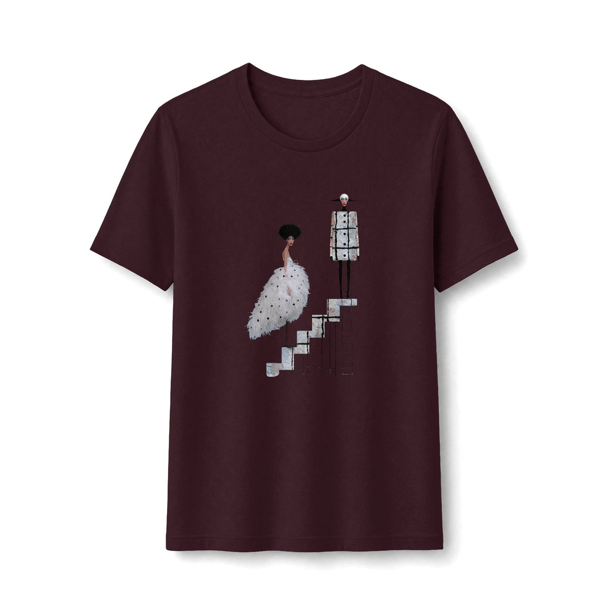 PURETE fitted black graphic tee featuring a surreal illustration of a ballet couple on stairs in a soft cotton blend.
