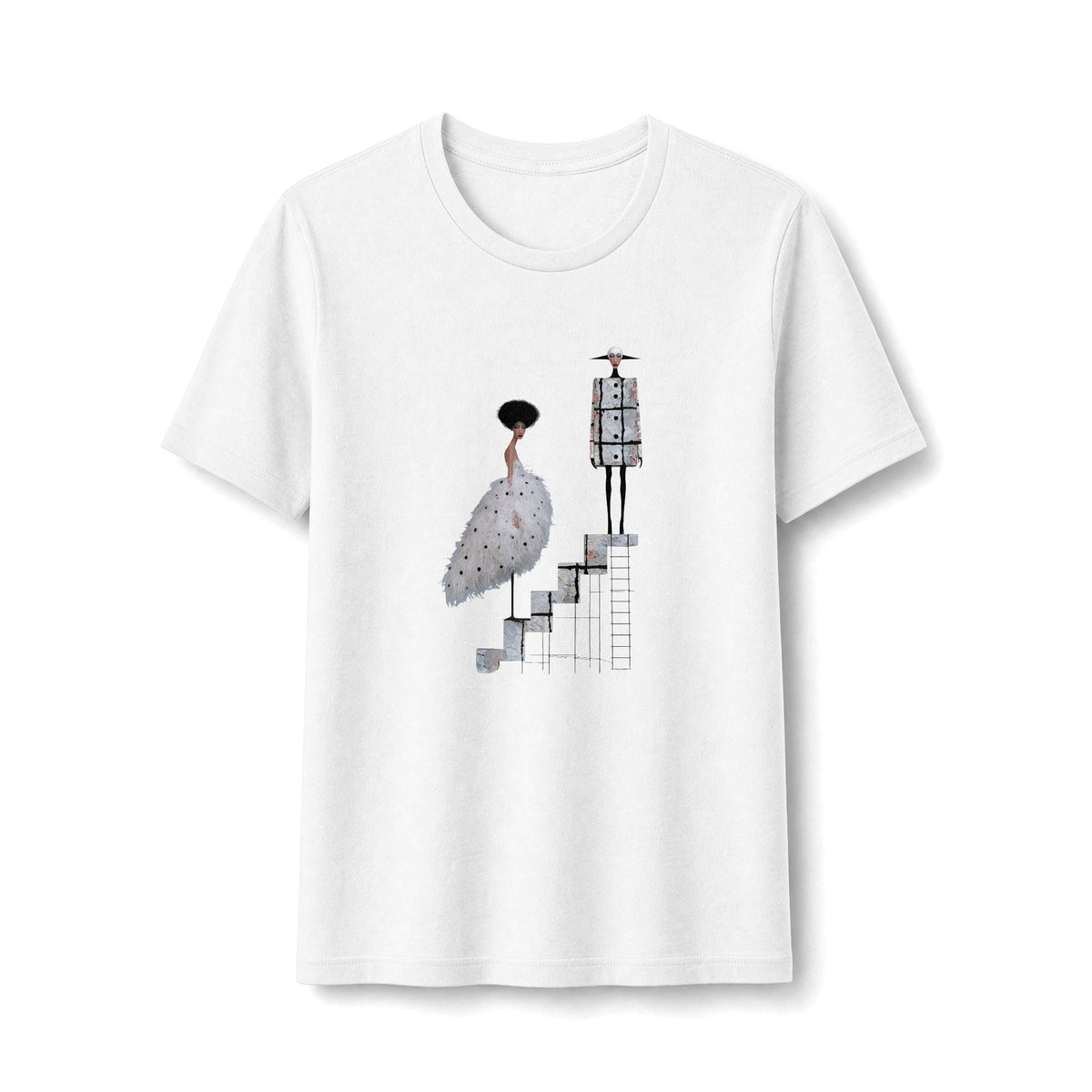 PURETE white cotton-blend graphic tee featuring a surreal illustration of a ballet couple on stairs.