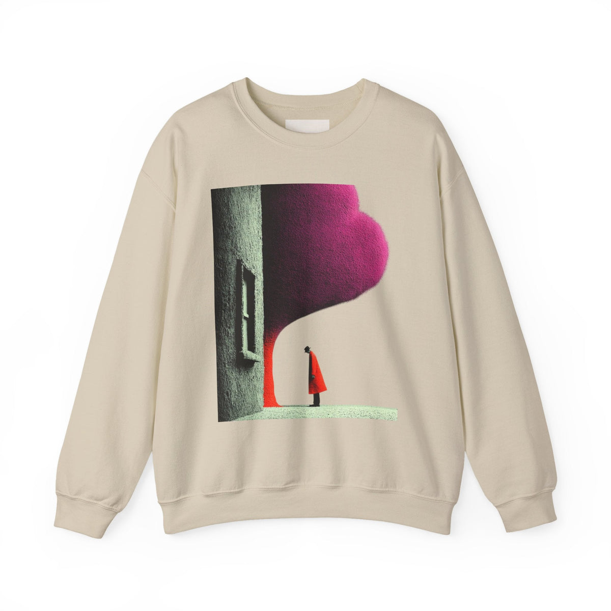 PURETE beige crewneck sweatshirt featuring a surreal artistic graphic print of a figure in a red coat by a building.