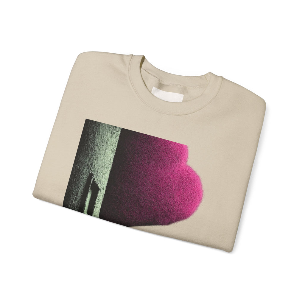 PURETE beige crewneck sweatshirt with a modern abstract graphic print featuring pink and dark green tones.