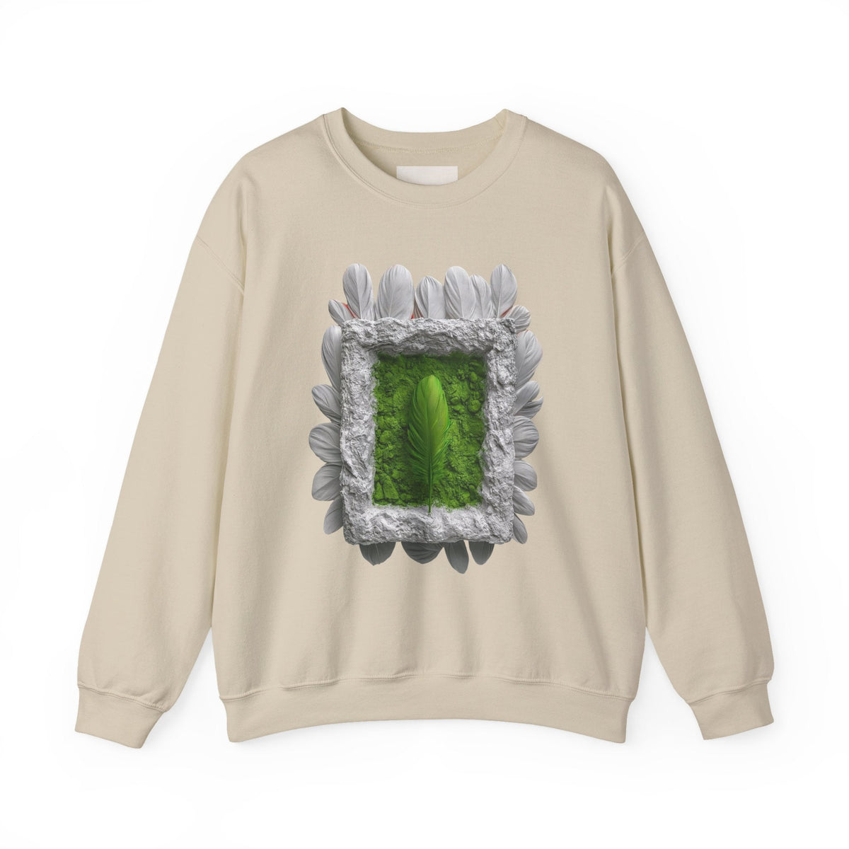 PURETE crewneck sweatshirt in beige featuring a green portal framed art design with white feathered accents.