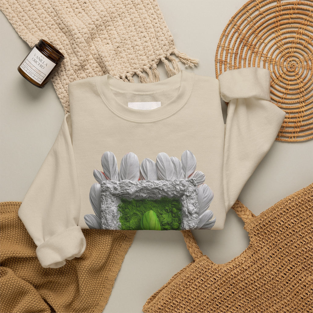 PURETE beige crewneck sweatshirt featuring a green portal art design with a feathered frame, flat lay on neutral.