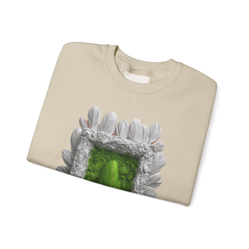 PURETE crewneck sweatshirt in beige featuring a green portal framed by white feathers and textured stone