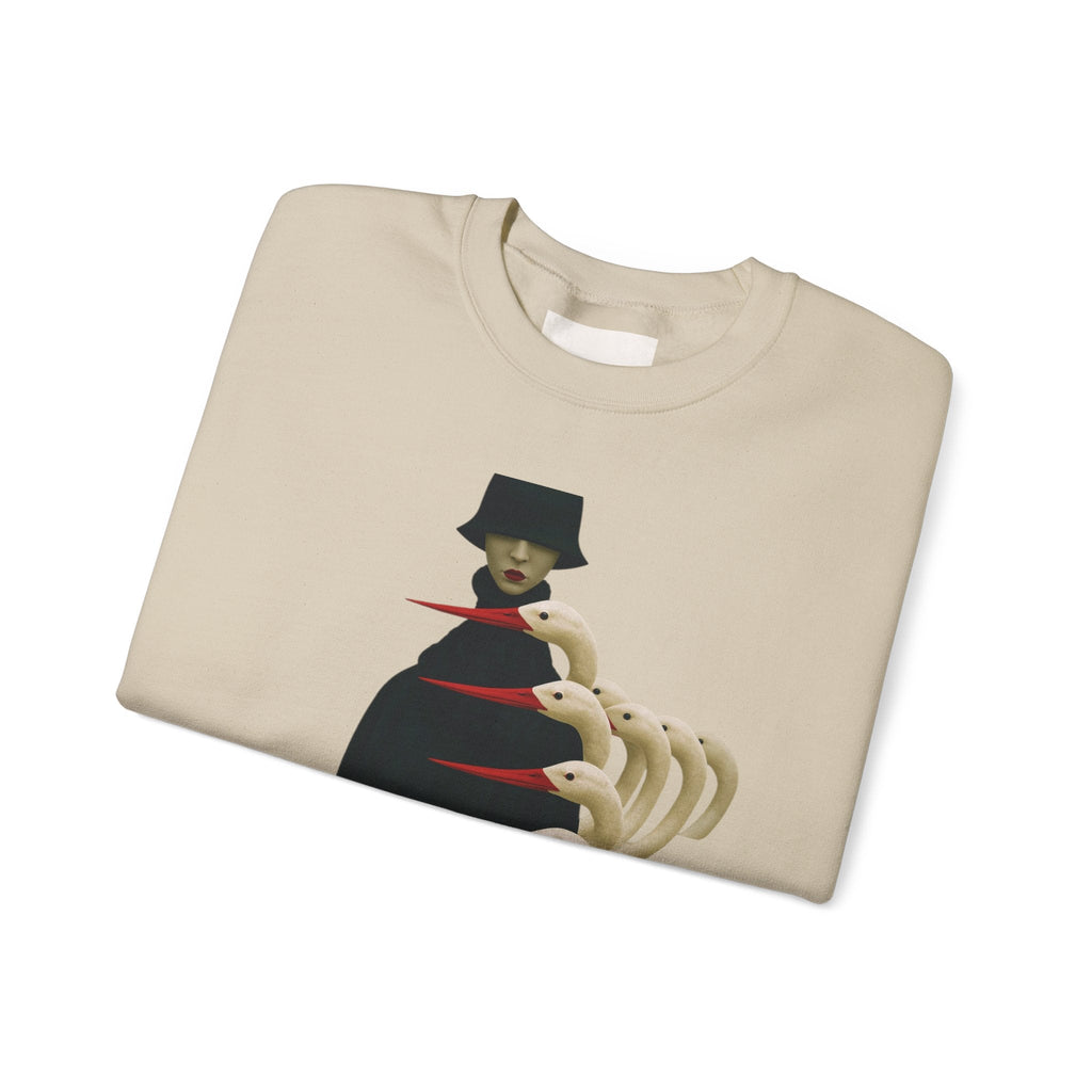 PURETE crewneck sweatshirt in beige featuring a surreal graphic of a cloaked figure with bird-like hands
