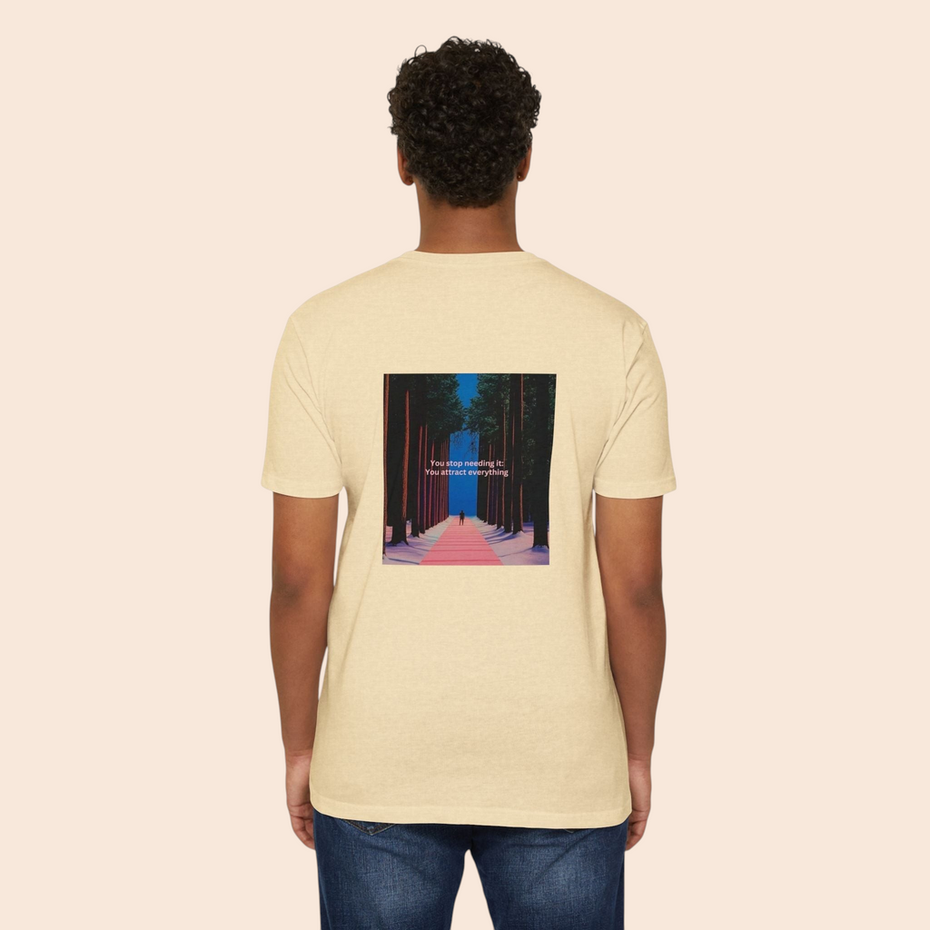 Back view of a PURETE beige cotton blend t-shirt featuring a graphic of a forest pathway and motivational text.