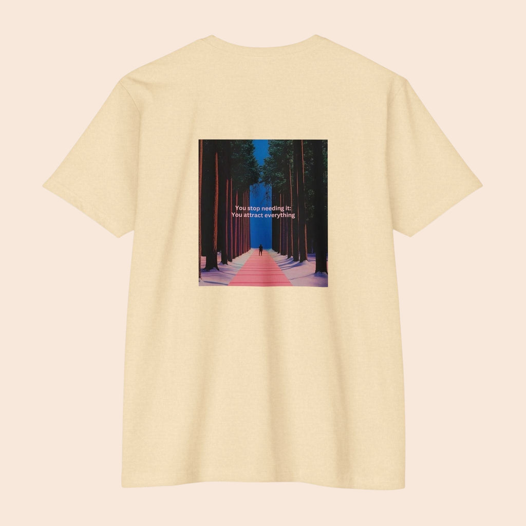 PURETE beige cotton t-shirt featuring a back graphic of a forest pathway with the quote You stop needing it