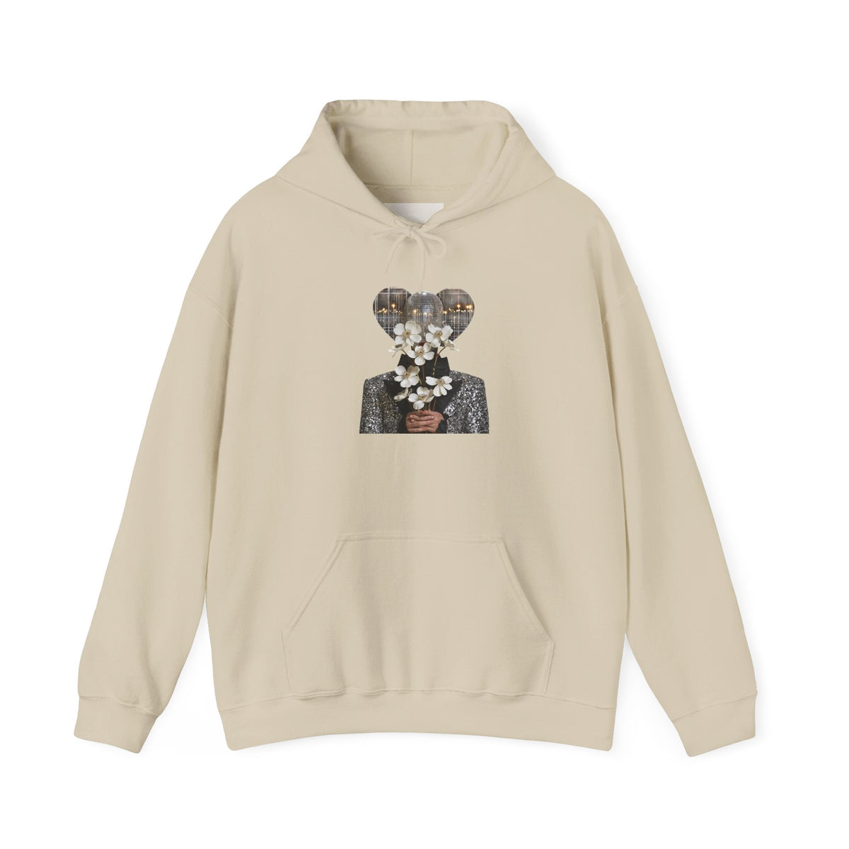 PURETE beige cotton-blend hoodie featuring a surreal graphic print of a person holding white flowers on the chest.
