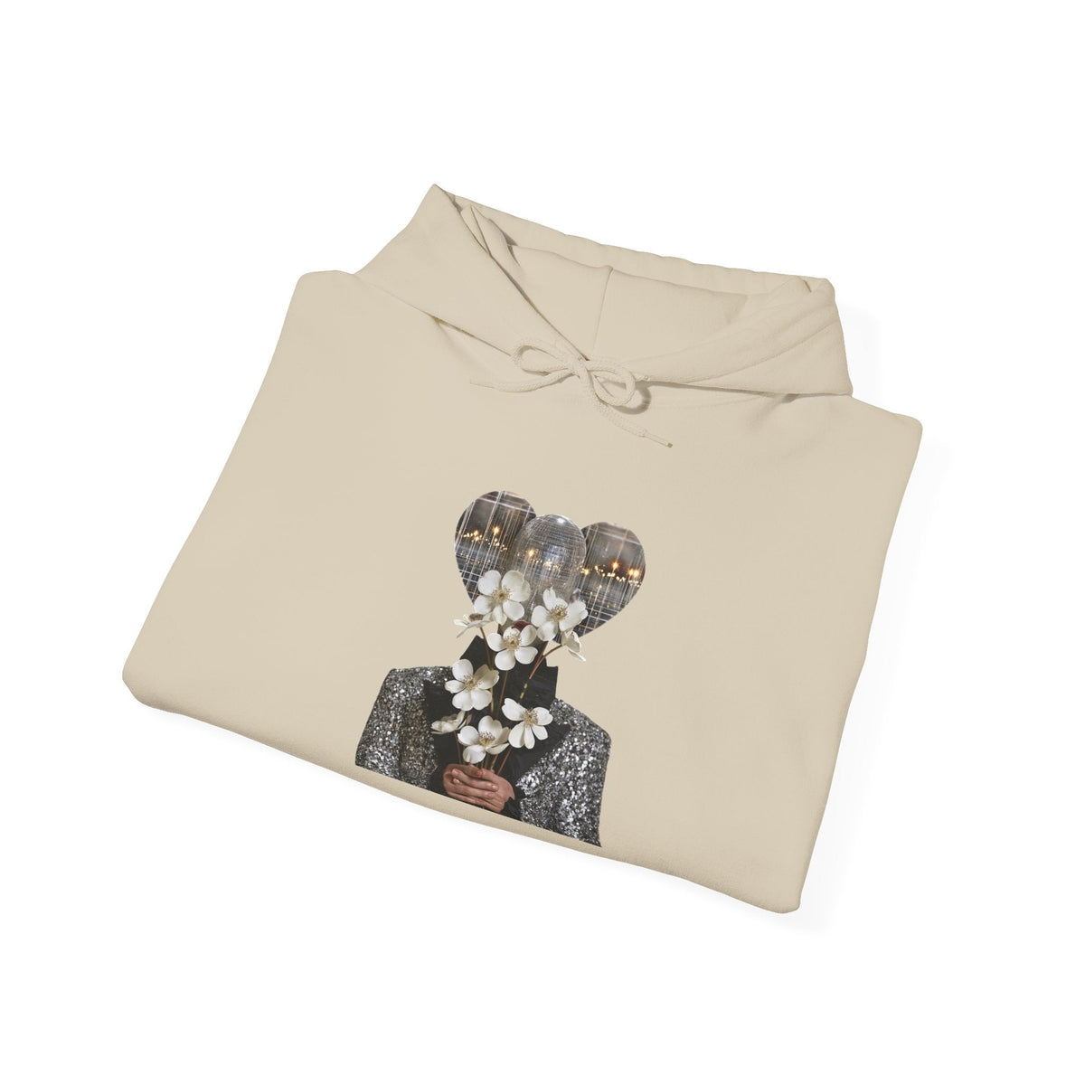 PURETE folded beige hoodie featuring a graphic of a person with a disco ball head holding white flowers