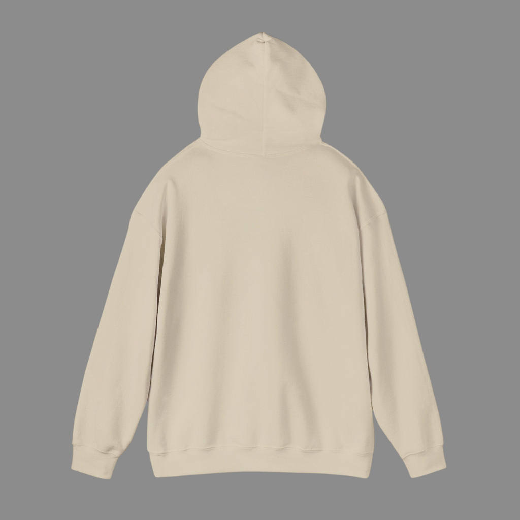 Back view of a PURETE unisex beige cotton-poly blend hooded sweatshirt with a double-lined hood and ribbed cuffs.