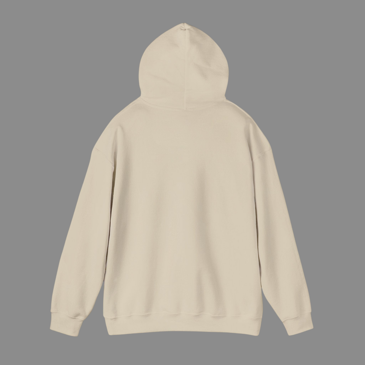 Back view of a PURETE unisex beige cotton-poly blend hooded sweatshirt with a double-lined hood and ribbed cuffs.