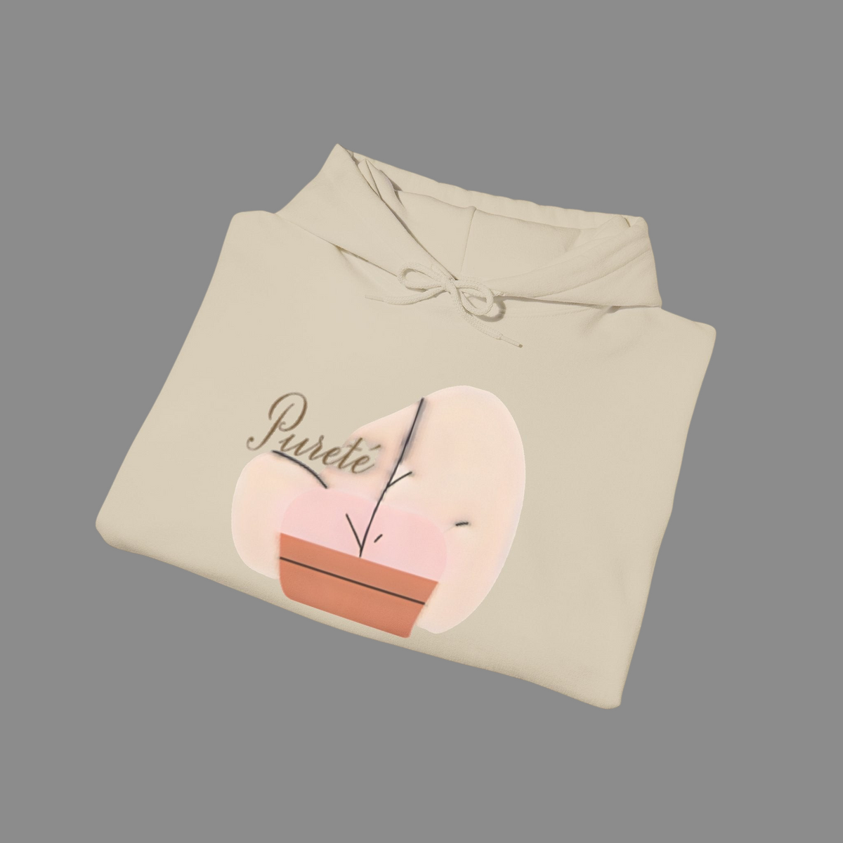 PURETE beige cotton-poly blend hooded sweatshirt with a minimalist graphic print on the front