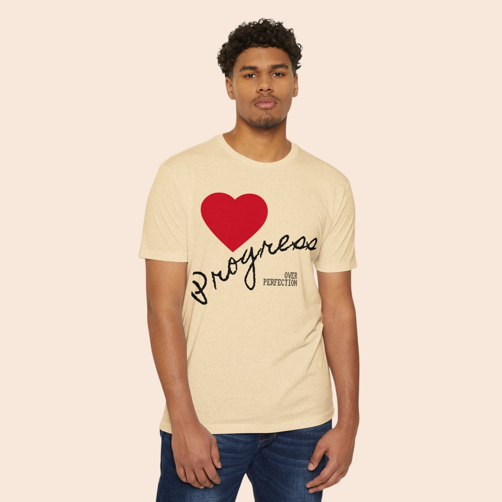 PURETE beige cotton blend t-shirt featuring a red heart and Progress Over Perfection graphic on a male model