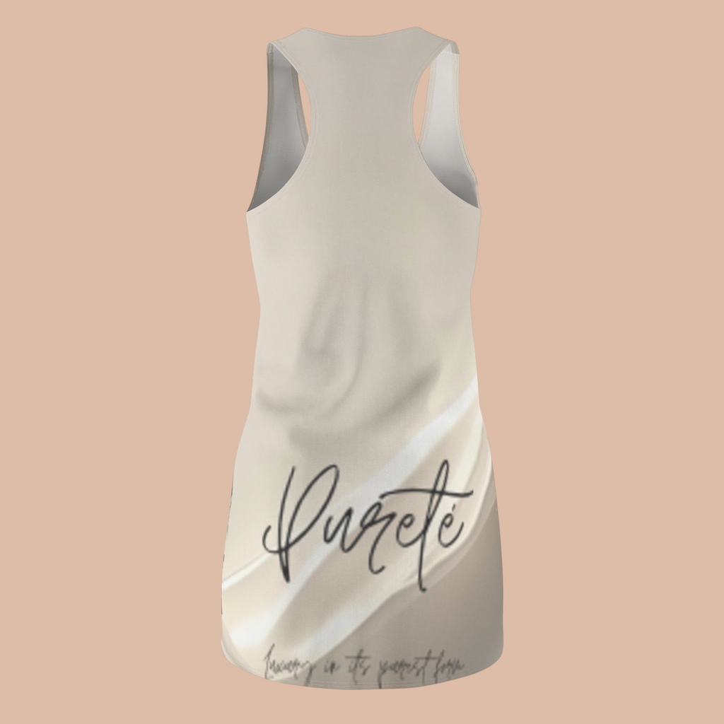 PURETE women's racerback dress in beige with abstract white swirls and black cursive logo on the back