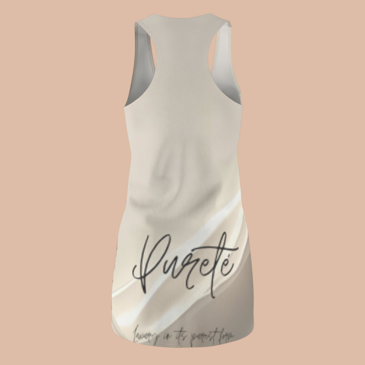 PURETE women's racerback dress in beige with abstract white swirls and black cursive logo on the back