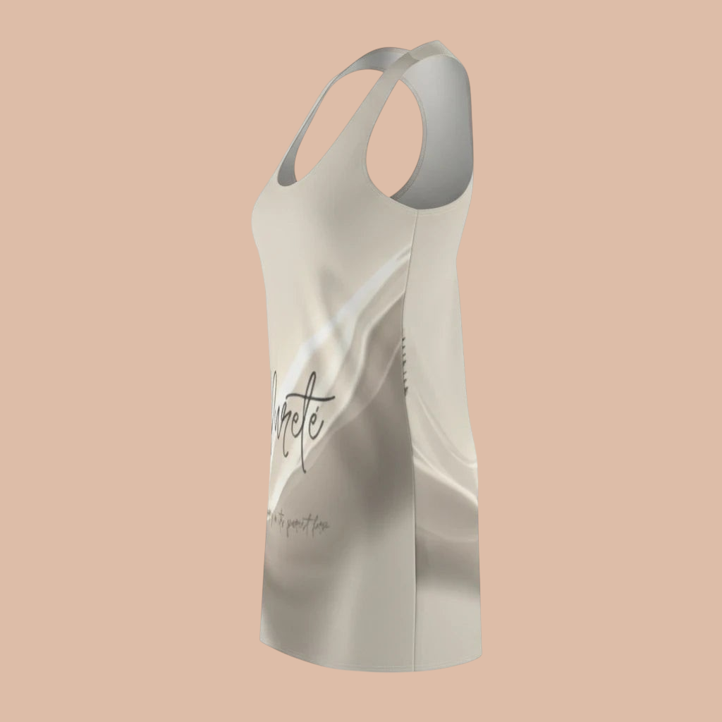 PURETE women's racerback dress in a beige abstract print with a sporty fit and lightweight polyester fabric