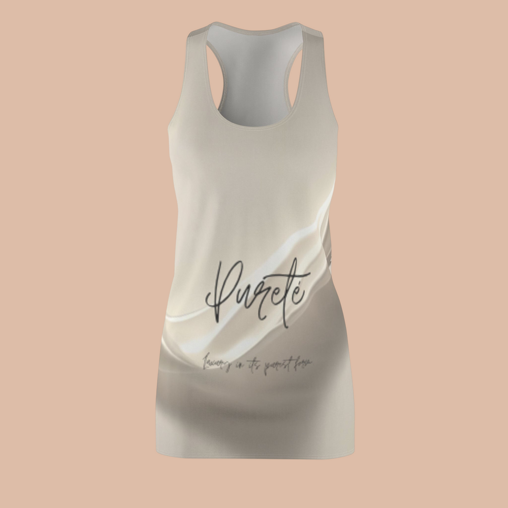 PURETE women's beige racerback dress with abstract white swirl print and black script logo in a sporty polyester fit