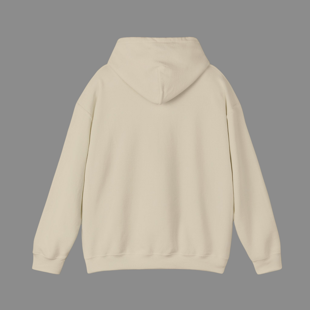 Back view of a PURETE unisex beige hooded sweatshirt made from a soft cotton-poly blend with a double-lined hood.