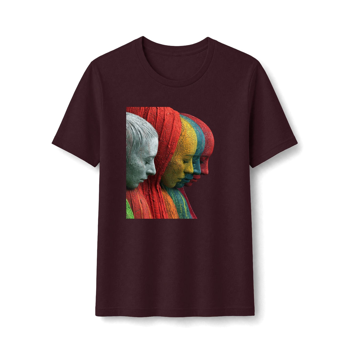 PURETE fitted black tee featuring a vibrant sculptural graphic of layered, multi-colored faces in profile.