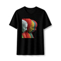 PURETE black fitted t-shirt featuring a colorful sculptural portrait graphic of layered faces in red, yellow, and blue.