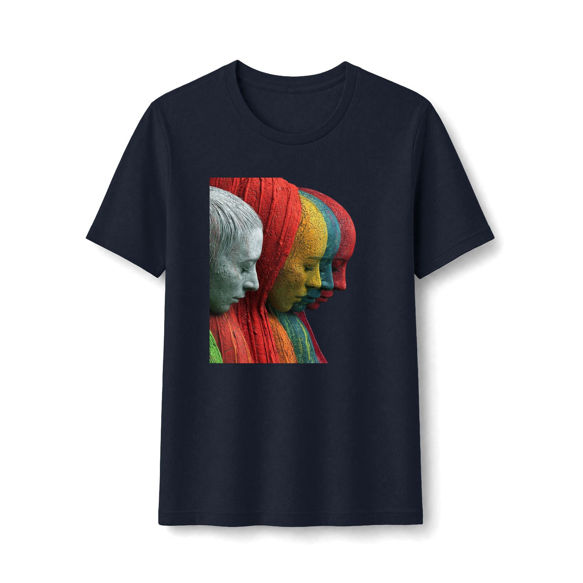 PURETE black fitted t-shirt featuring a vibrant graphic of layered, colorful sculptural faces in profile.