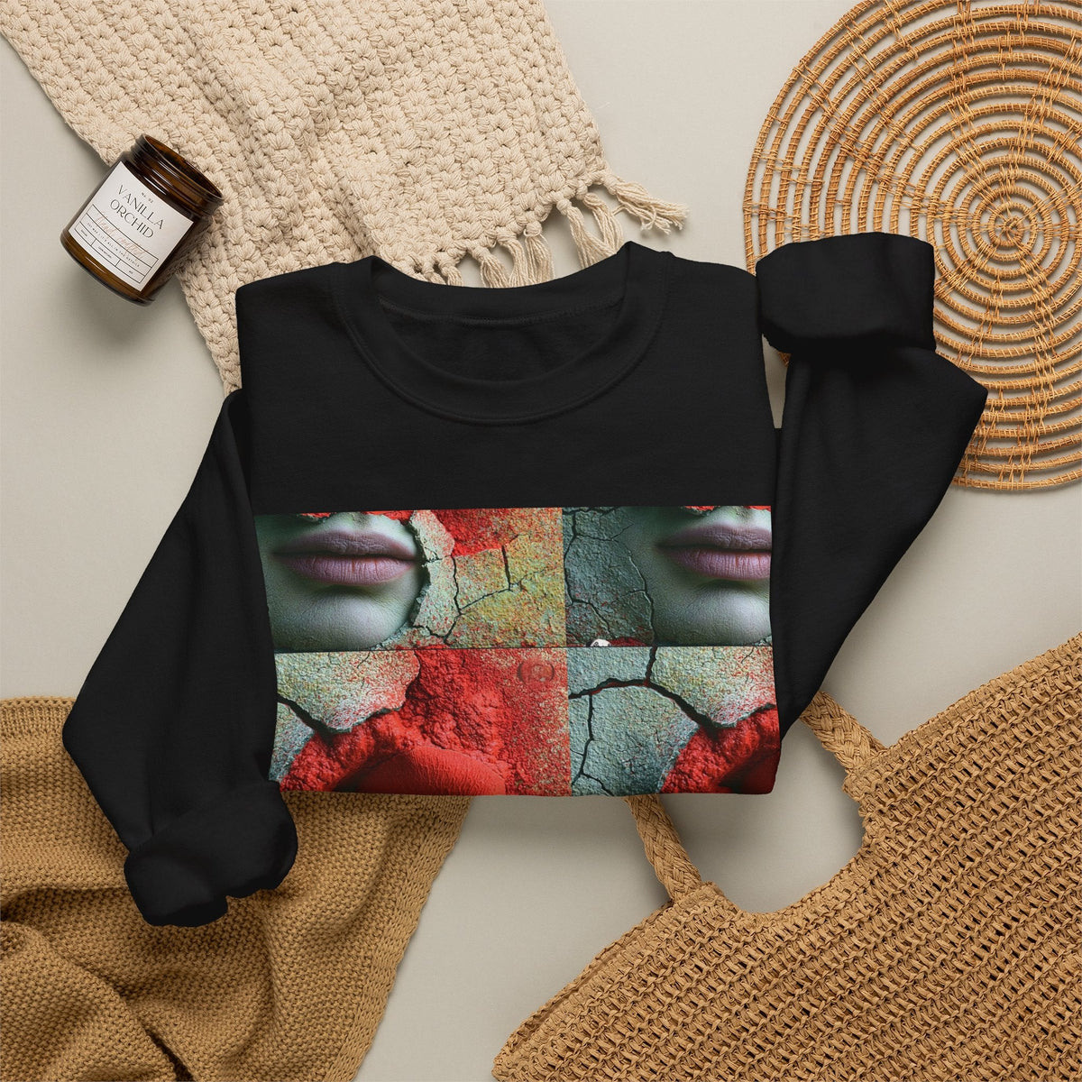 PURETE black crewneck sweatshirt featuring a surreal art print of a rose, cracked earth, and a face on the chest.