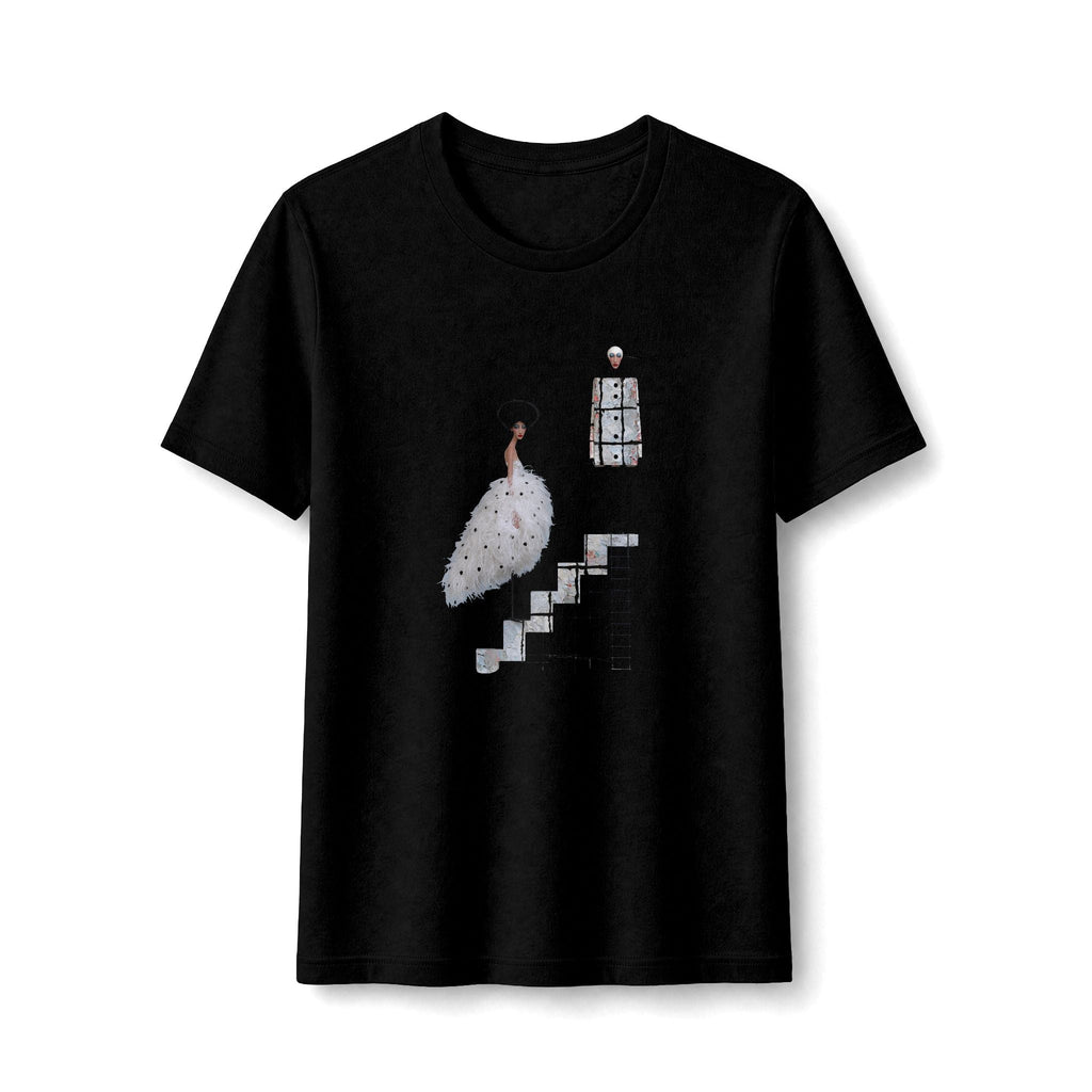 PURETE black fitted graphic tee featuring a surreal illustration of a swan-like figure on stairs.