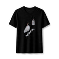 PURETE black fitted graphic tee featuring a surreal illustration of a swan-like figure on stairs.