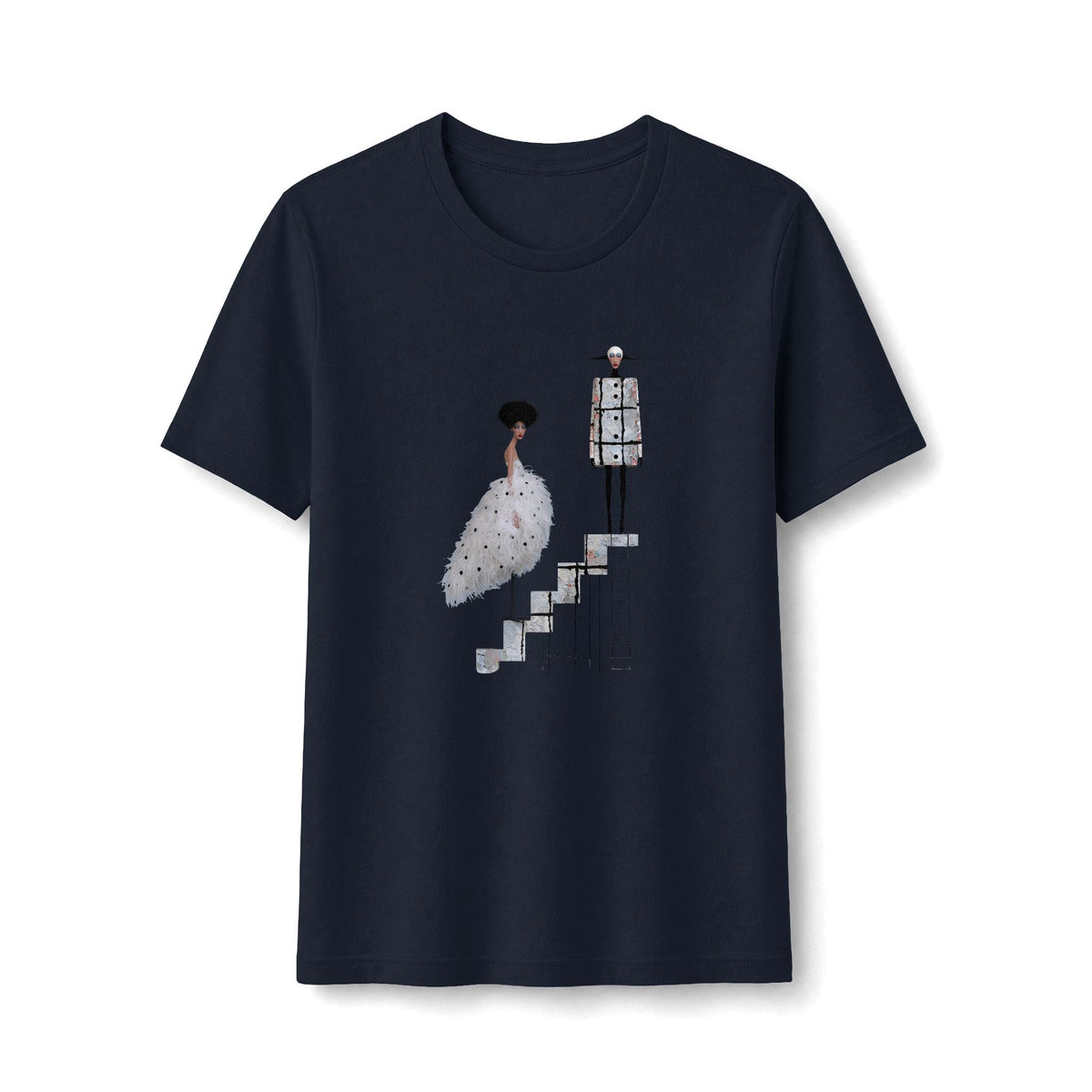 PURETE black fitted graphic tee featuring a surreal illustration of a ballet couple on stairs in cotton-poly blend