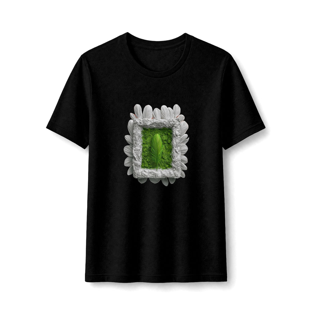 PURETE black fitted women's tee featuring a central green botanical feather graphic framed by white petals.