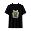 PURETE black fitted women's tee featuring a central green botanical feather graphic framed by white petals.
