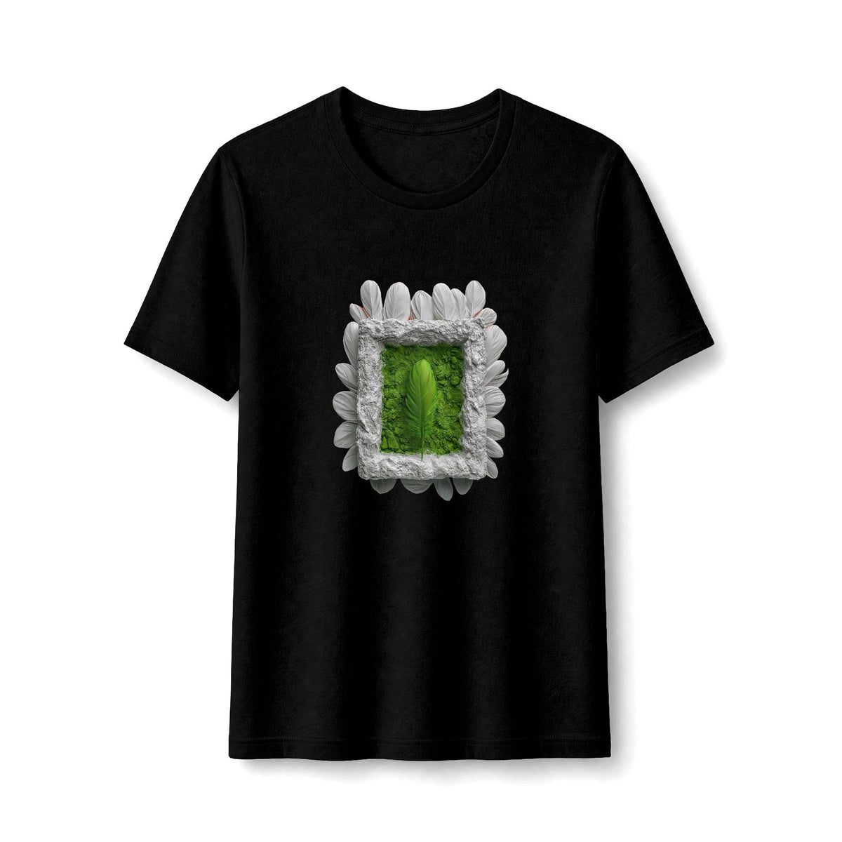 PURETE black fitted women's tee featuring a central green botanical feather graphic framed by white petals.
