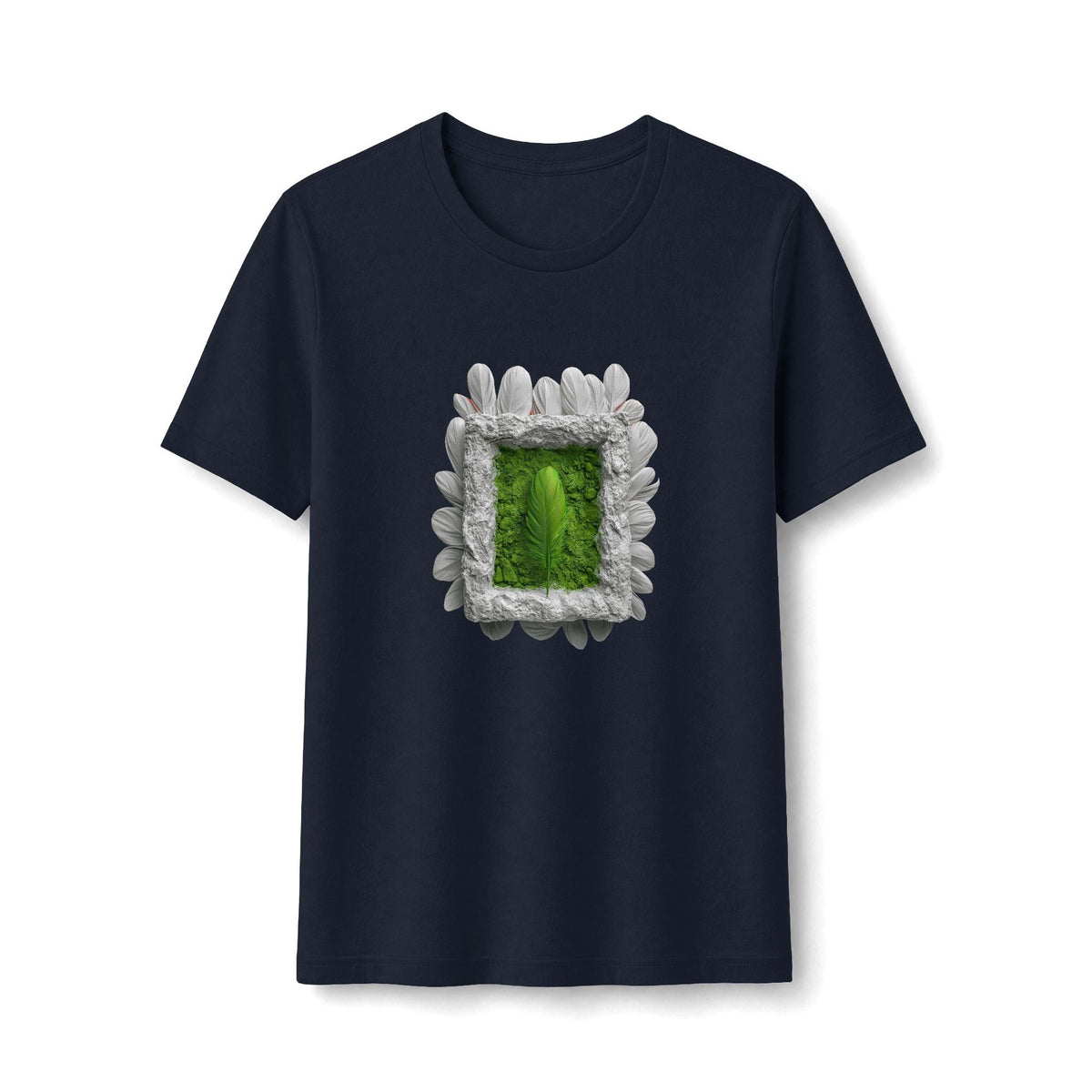 PURETE women's black fitted tee featuring a central green botanical frame graphic with a single leaf design