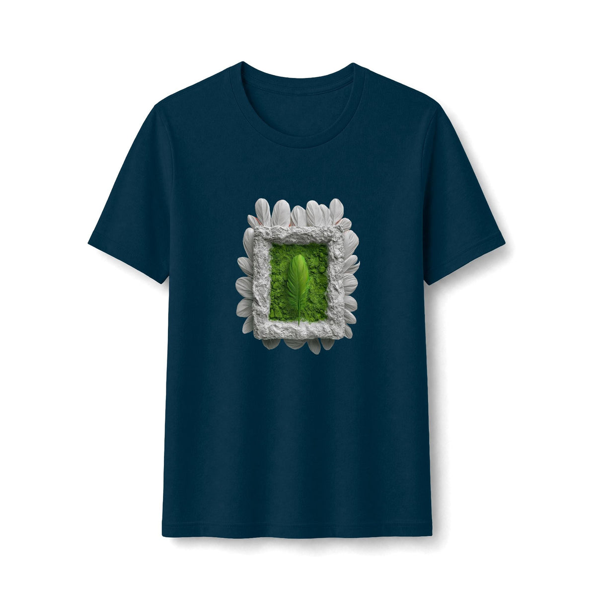 PURETE fitted black women's tee featuring a central graphic of a green leaf inside a white petal-framed border.