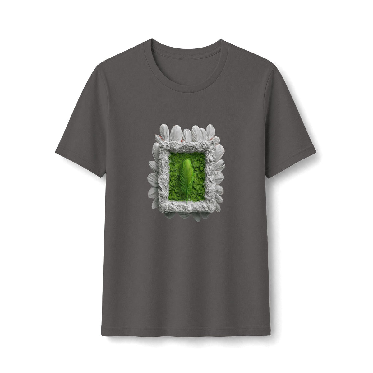 PURETE black fitted women's tee featuring a central green botanical leaf graphic inside a textured petal frame.