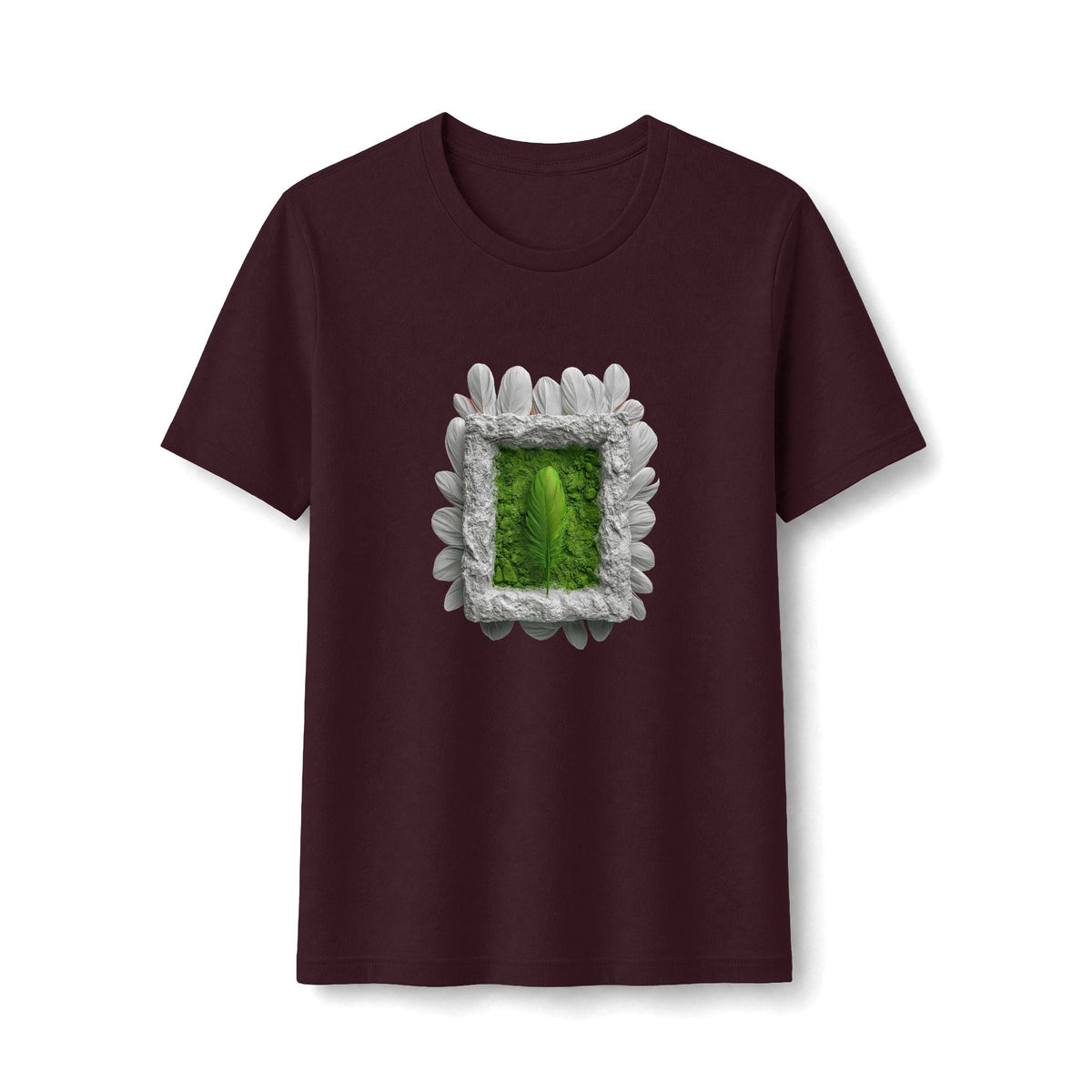 PURETE fitted black women's tee featuring a central green botanical frame graphic with a leaf design.
