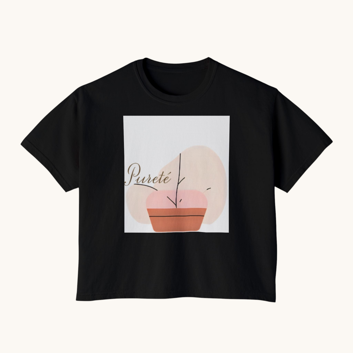 PURETE black oversized boxy cotton t-shirt with a minimalist abstract plant graphic print on the front
