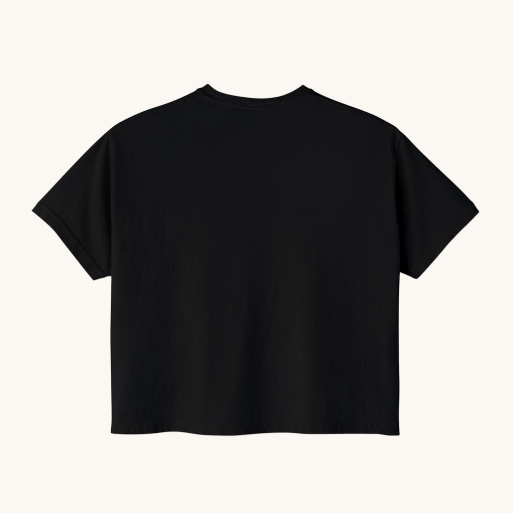 Back view of a PURETE black oversized boxy t-shirt made from heavy ring-spun cotton with a relaxed cropped fit.