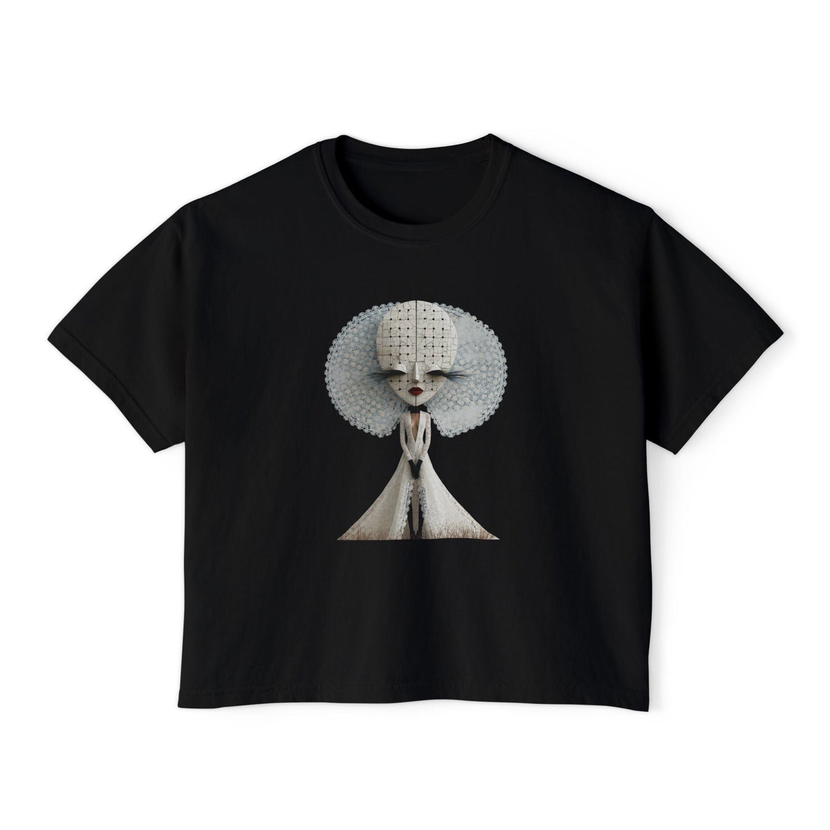 PURETE black boxy cropped cotton t-shirt featuring a vintage-style symmetrical poodle portrait graphic on the front.