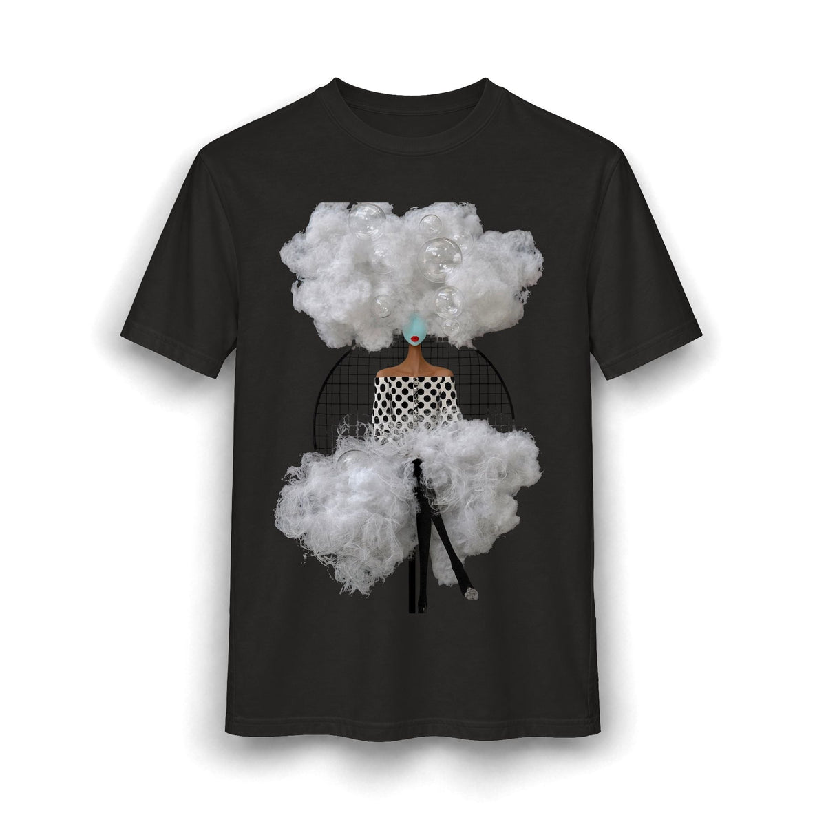PURETE black graphic t-shirt featuring an abstract woman surrounded by surreal white clouds and floating bubbles.