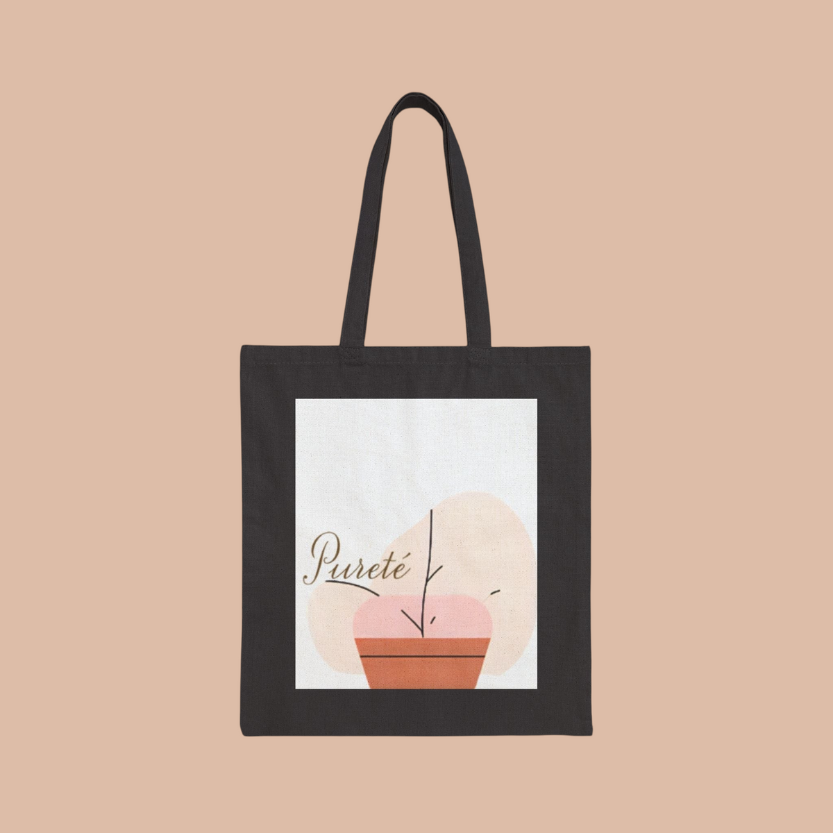 PURETE black cotton canvas tote bag with a minimalist potted plant graphic print and long shoulder handles.