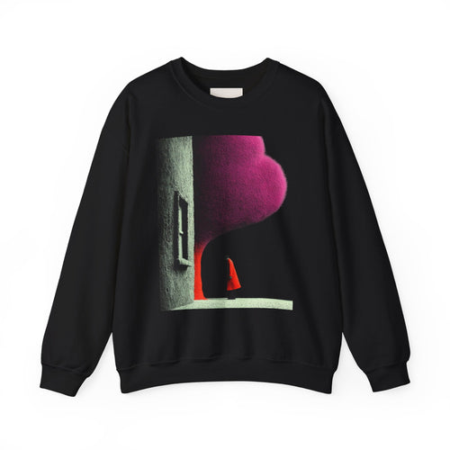 PURETE black crewneck sweatshirt featuring a surreal artistic print of a figure in a red coat by a building.